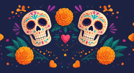 Pixel Art Day of the Dead Sugar Skull Pattern With Marigolds and Leaves