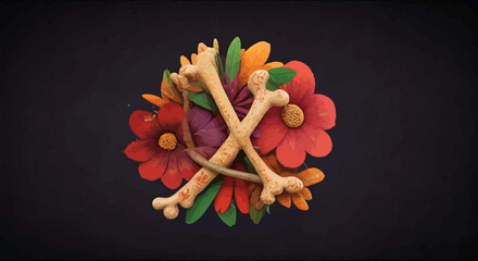 Pixel Art Arrangement of Crossed Bones and Autumn Flowers on Dark Background