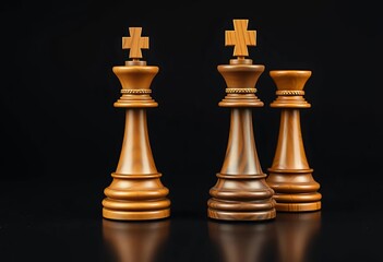 Two majestic wooden chess kings stand on a dark surface,   chessmen,   power