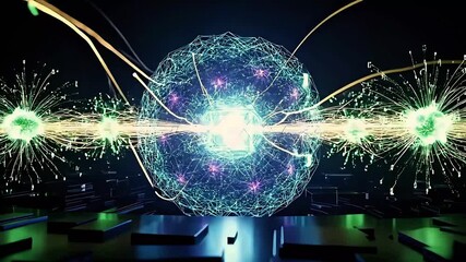 Dynamic scientific illustration showcasing quantum energy particle beam flow with swirling connections symbolizing advanced technology and complex data processing networks - Powered by Adobe
