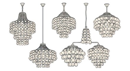 Collection Of White And Black Decorative Modern Pendant Lamps Isolated On White Background With Shadows