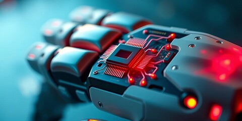 Close-up of a futuristic microchip implanted in a prosthetic palm,  engineering,  implant