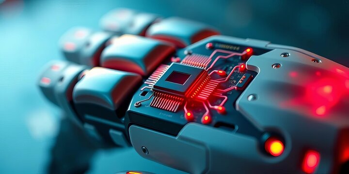 Close-up of a futuristic microchip implanted in a prosthetic palm, engineering, implant