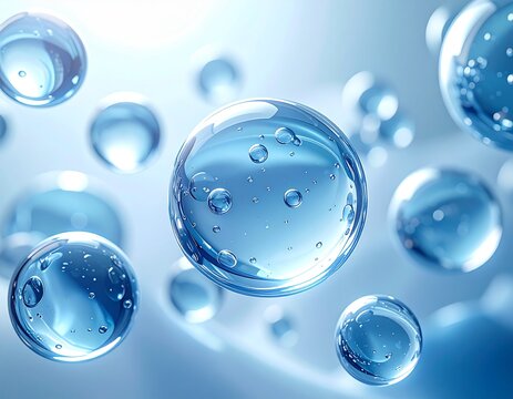 Blue water droplets floating. Macro background material for medical cosmetics. Water molecules.　青い水滴が浮かぶ　医療コスメ用のマクロ背景素材　水の分子