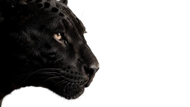 Closeup Profile of a Majestic Black Panther with Intense Yellow Eyes on a White Background.