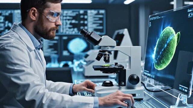 4K cinematic shot of scientist using microscope to analyze genetically modified seed structure