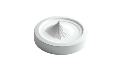 White textured conical shape centered in a circular dish, atop a short cylindrical base, isolated against black