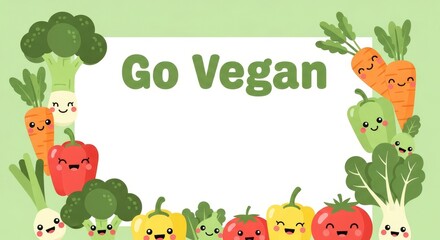 Fototapeta premium Go vegan text with cute vegetable character border on green background for World Vegan Day. Healthy food concept illustration for event promotion.