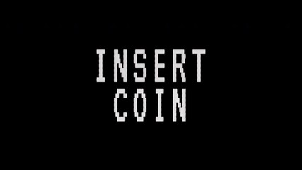 A pixelated retro arcade game screen displays the flashing message 'INSERT COIN'. 4K video text animation for vintage arcade game intro. - Powered by Adobe