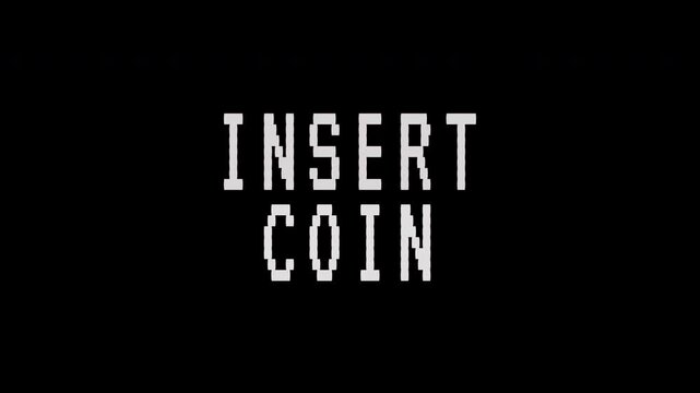 A pixelated retro arcade game screen displays the flashing message 'INSERT COIN'. 4K video text animation for vintage arcade game intro.