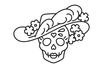 La Calavera Catrina line icon. Mexican fictional character - female skull in hat with flowers and feathers. Mexican Day of dead concept. Editable editable stroke, line thin line icon.