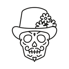 Mexican sugar skull line icon. Elegant skull head in top hat with marigolds. Skeleton line icon for Day of the Dead party celebration. Editable stroke, line thin line icon.