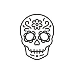 Sugar skull line icon. Mexican festive decorated skeleton. Traditional ornament of marigolds. Day of the Dead concept. Editable stroke, line thin line icon.