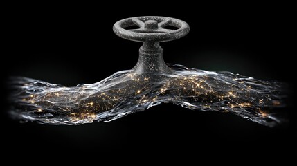 Water valve with flowing water, dark background, artistic image.