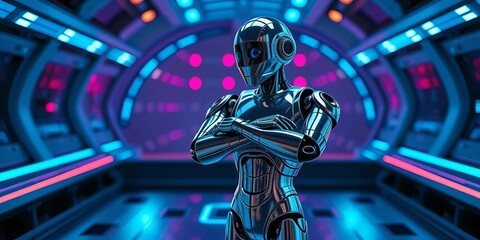 Sleek chrome robot, arms crossed, poised on a futuristic platform,  robotics,  intelligence