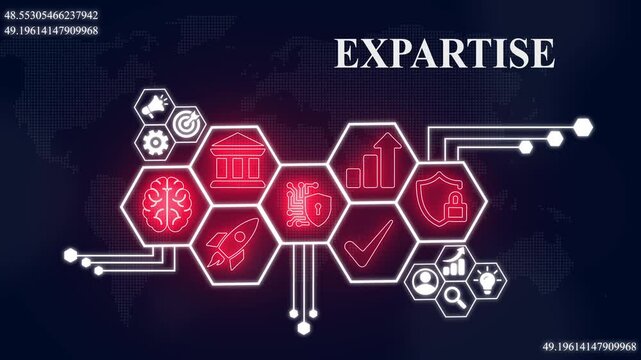 Global expertise and innovation represented by data driven tech and worldwide networks, social network icons ,Beautiful motion waving dots map texture with glowing defocused particles