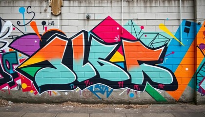 Geometric graffiti art on urban wall, vibrant colors, formula, equations