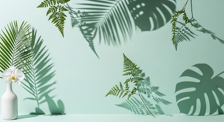 Botanical still life with tropical foliage shadows and delicate orchids