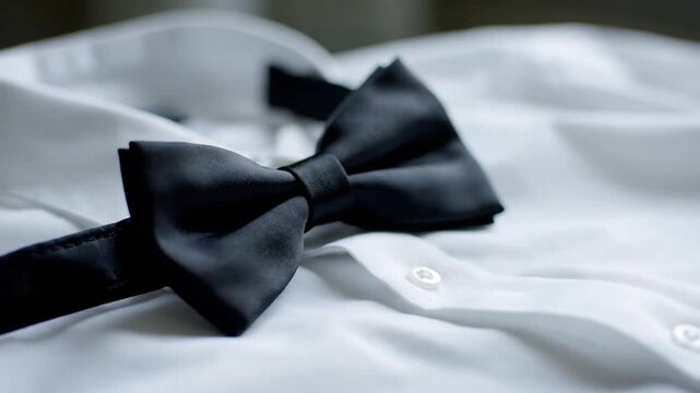 A black bow tie on a white dress shirt, with textured fabric and button details