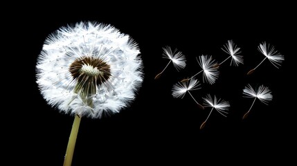 Dandelion seed head with seeds blowing away against a black background.