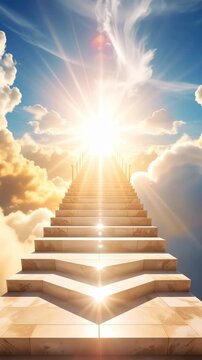 Stairway stretching upwards towards bright sunlight against beautiful blue skies and fluffy clouds during daytime, symbolizing hope and achievement