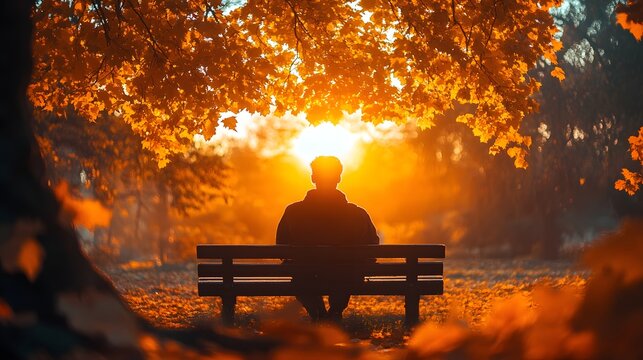 Autumn serenity. A silhouetted figure on a park bench enjoys the tranquil fall ambiance, surrounded by vibrant foliage. Reflective moment, unaware of digital addiction, fostering stress and isolation.