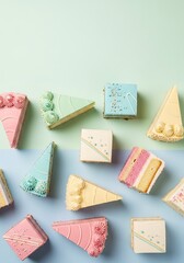 Charming pastel cakes assortment, delightful confections on split background
