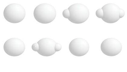 Eight white circles show progression of two smaller circles merging to one larger one against a stark black background
