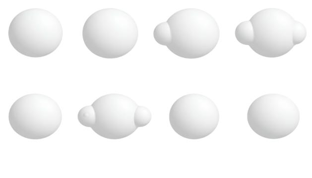 Eight white circles show progression of two smaller circles merging to one larger one against a stark black background - Powered by Adobe