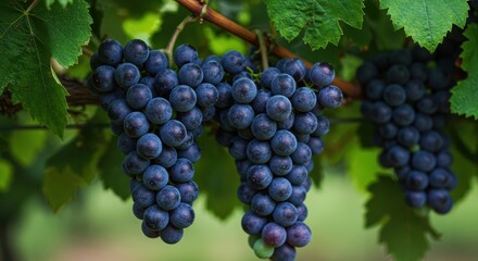 Heavy clusters of ripe purple grapes hanging from a vibrant green grapevine. Focus on abundance and the promise of a successful harvest season ,natural ,raw food ,sweet