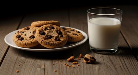 Delicious homemade chocolate chip cookies with cold creamy glass of milk