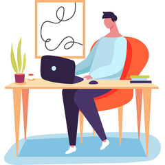 Man Sitting at Desk Working on Laptop in an Office Space With Orange Chair and Modern Art on Wall