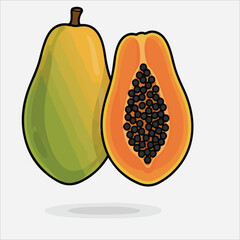 Illustration of a whole and halved papaya with seeds on a white background with flat design