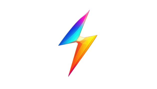 Vivid rainbow lightning bolt image on black background, colorful gradients, geometric art