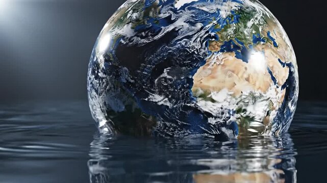 Conceptual visual of planet earth emerging from water representing climate change and environmental concerns