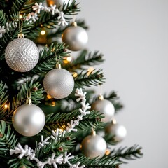 A festive Christmas tree branch adorned with shimmering silver baubles and delicate white ornaments, close-up, white decor