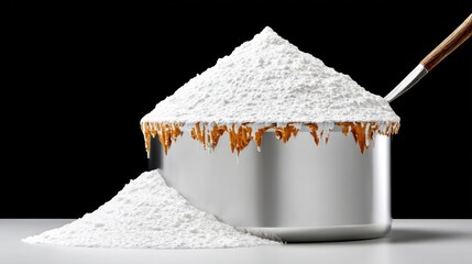 A stainless steel pot overflowing with white powder, a pile of powder beside it, against a black background.
