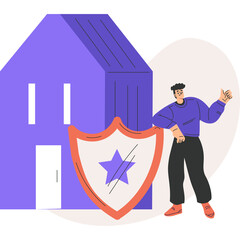 Man Standing Next To A Purple House And A Shield Symbolizing Home Protection And Security With A Thumbs Up Gesture And Light Background