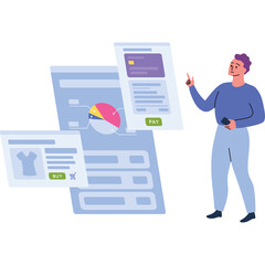 Man Standing Next To Digital Screens Showing Sales Data And Online Shopping Interface With Purple And Blue Hues And Flat Design Style