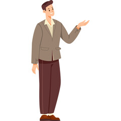 Man Standing Wearing A Light Brown Blazer And Dark Brown Trousers Gesturing To The Side With A Smile On His Face In A Studio Setting With A White Background