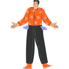 Man Standing With Empty Pockets Showing Financial Struggle And Frustration Against White Background With Transparent Image Showing Full Body And Arms Out Stretched In Orange Shirt