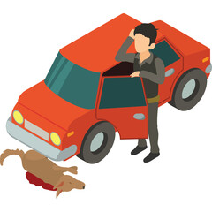 Man Standing Next To Red Car With Injured Dog Lying On The Ground In Front Of The Vehicle On A Transparent Background