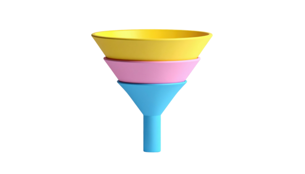 Stacked yellow, pink, and blue funnels arranged vertically against a stark black background