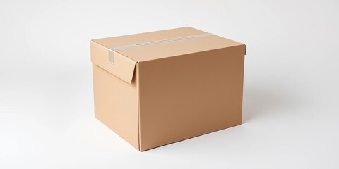 A sturdy cardboard box, sealed shut, sits on a neutral background,  icon,  brown