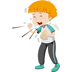 Cartoon Child Coughing Into Tissue With Water Droplets Flying Out Isolated On White Background