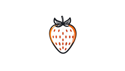 Simplified strawberry drawing with orange outline and white filling, on a black background
