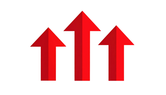 Three red arrows pointing upwards, with dark outline, on a solid black background