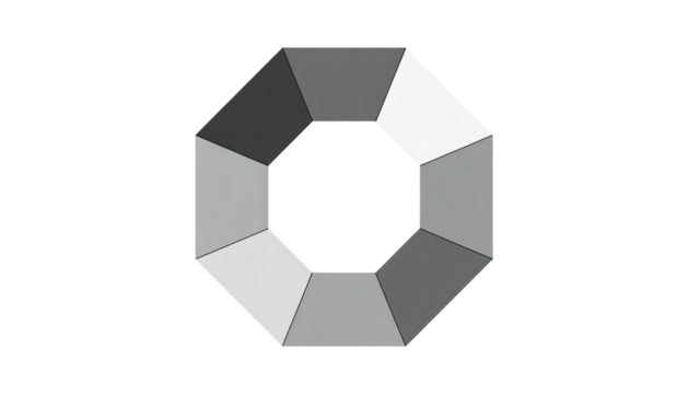 Octagonal shape divided into sections, each a shade of gray, surrounding a black octagonal void