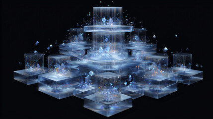 A DAO's treasury visualized as a secure, transparent structure of interconnected crystal vaults.