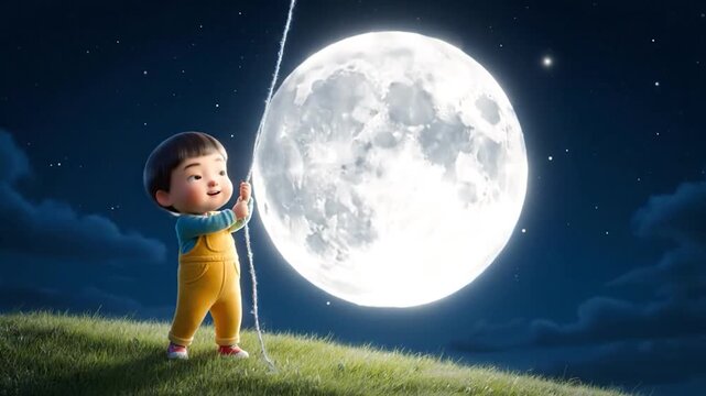 A cartoon child reaching for the moon with a rope on a starry night